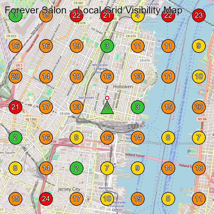 Forever Salon Beauty Salon GeoGrid ranking map for Jersey City NJ